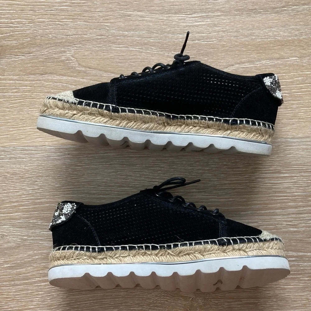 Black laser cut suede espadrille sneakers with embellishment